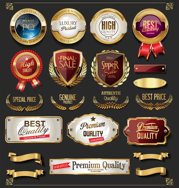Kolekce Retro Prémiových Zlatých Odznaků Etiket — Stockový vektor