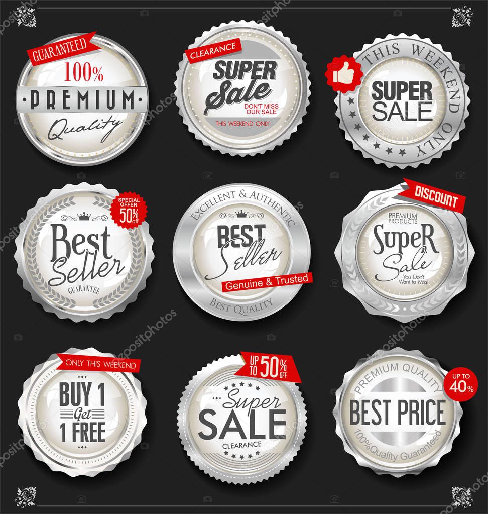 Retro vintage silver badges and labels collection