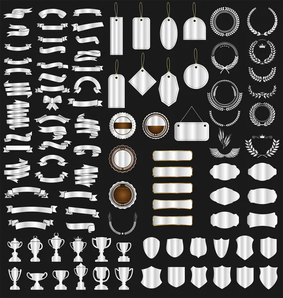 各種リボンのコレクションローレルの盾とトロフィー — ストックベクタ