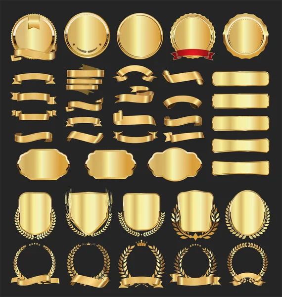 Gouden Badges Labels Lauweren Linten Collectie — Stockvector