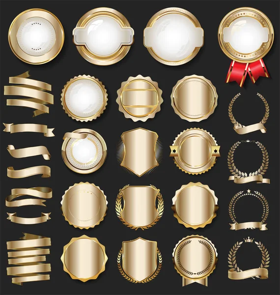 Coleção Elementos Design Dourado Luxo Emblemas Rótulos Louros — Vetor de Stock