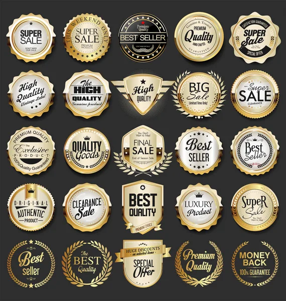 Collection Retro Vintage Golden Badges Labels — Stock Vector