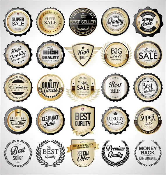 Colección Insignias Etiquetas Retro Vintage Doradas — Vector de stock