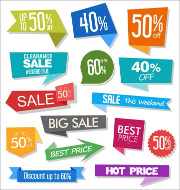 Satış renkli rozetler ve çıkartmalar tasarım illüstrasyon 