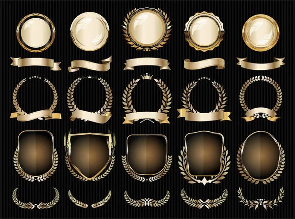 豪華な黄金のデザイン要素バッジのコレクションラベルと月桂樹 — ストックベクタ