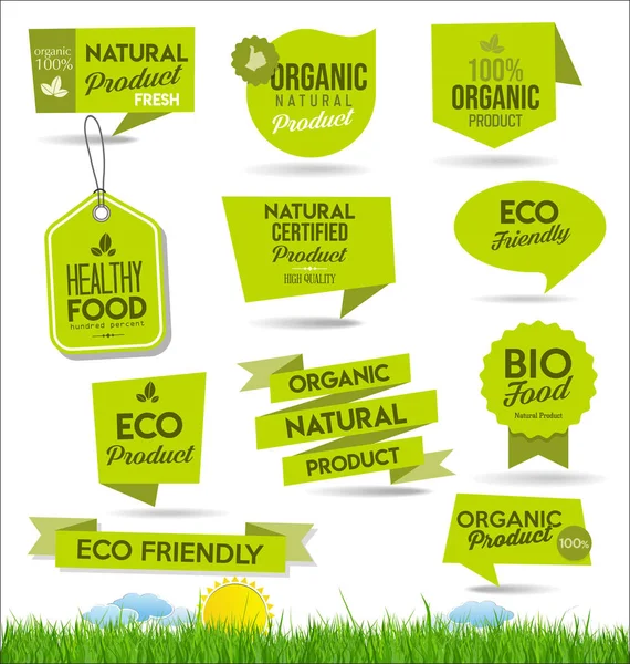 Zestaw Zdrowych Odznak Świeżych Produktów Gospodarstwa Ekologicznego — Wektor stockowy