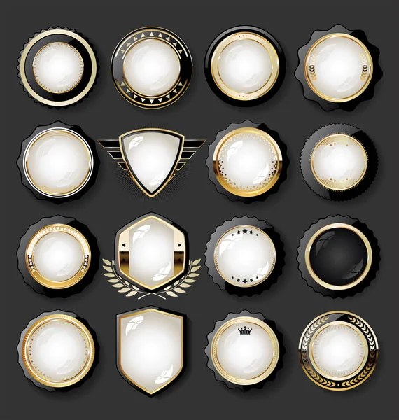 Colección Lujosos Elementos Diseño Dorado Distintivos Etiquetas Laureles — Vector de stock