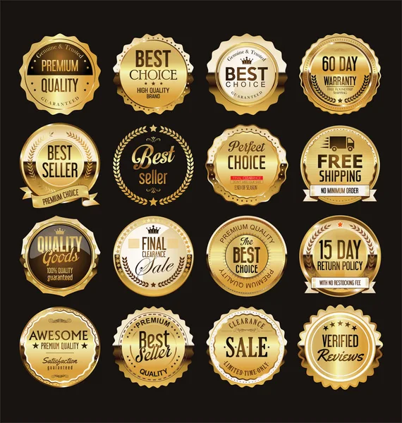 Altın Retro Satılık Rozetleri Etiketleri Koleksiyonu — Stok Vektör
