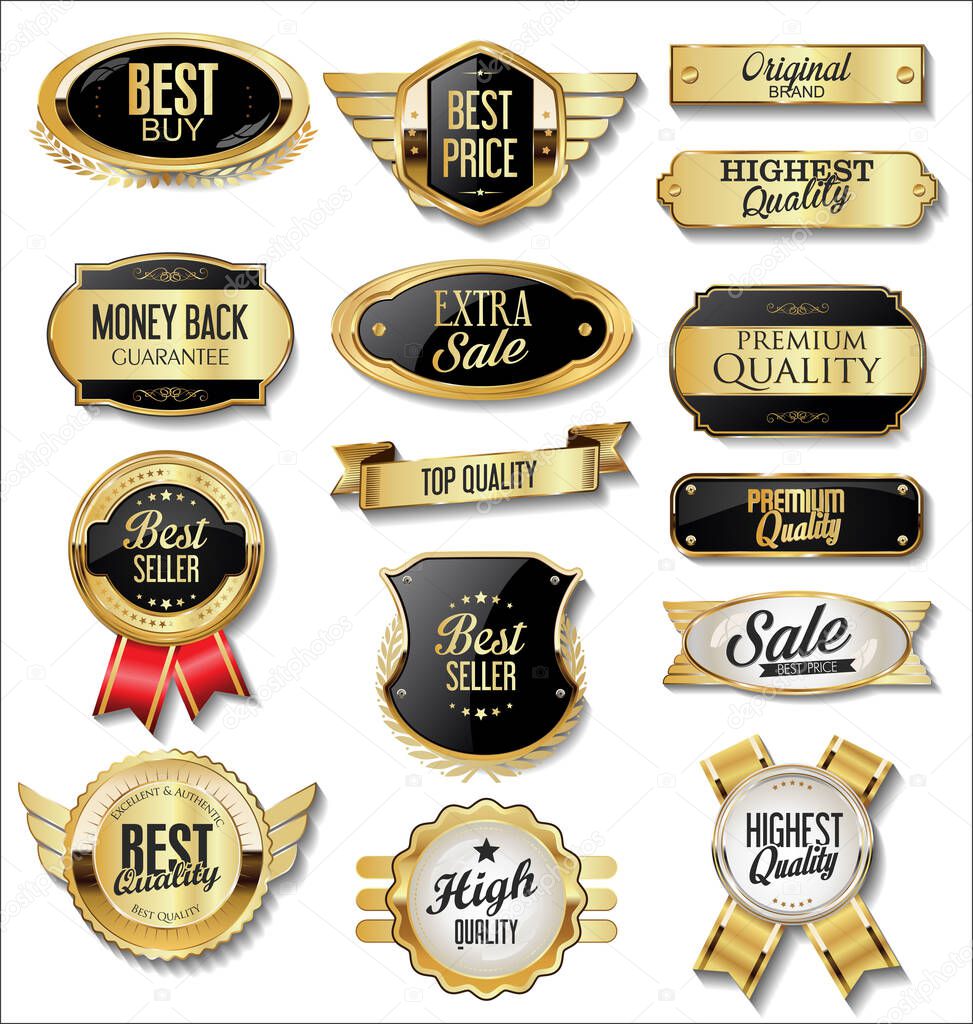 Collection of golden badges and labels retro style 