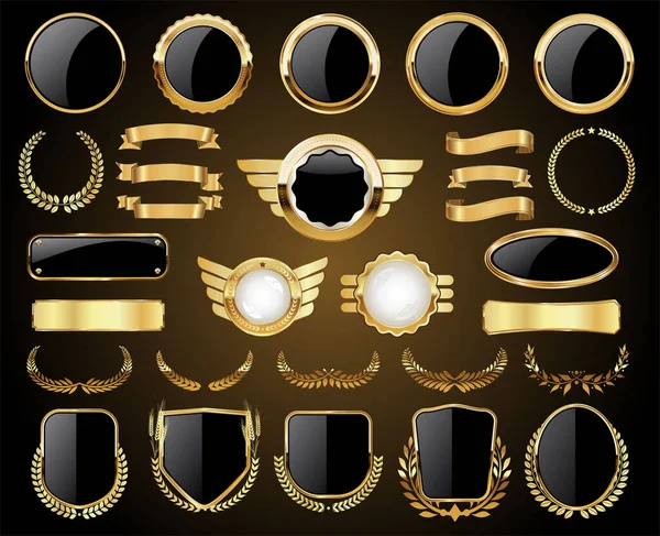 Badges Dorés Étiquettes Boucliers Couronne Laurier Collection — Image vectorielle
