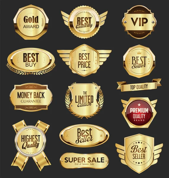 Insamling Försäljning Och Premium Val Gyllene Emblem — Stock vektor