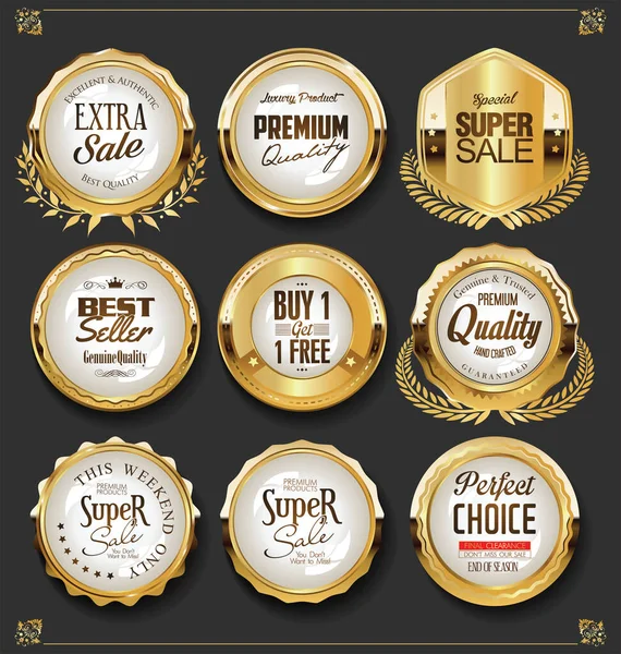 Insignias Oro Vintage Retro Etiquetas Insignias Escudos — Vector de stock