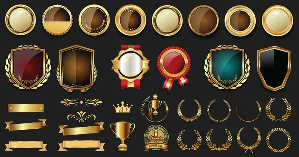Distintivi Etichette Lusso Con Corona Alloro Collezione Argento Oro — Vettoriale Stock