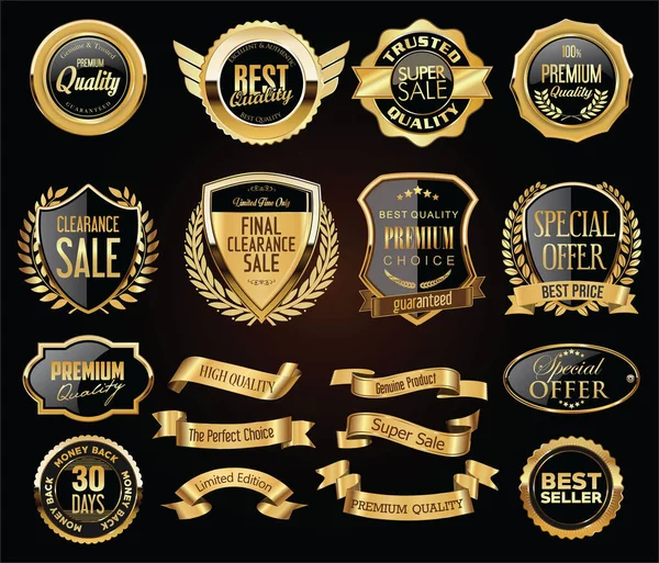 Collectie Van Retro Goud Zwart Badge Label Design — Stockvector