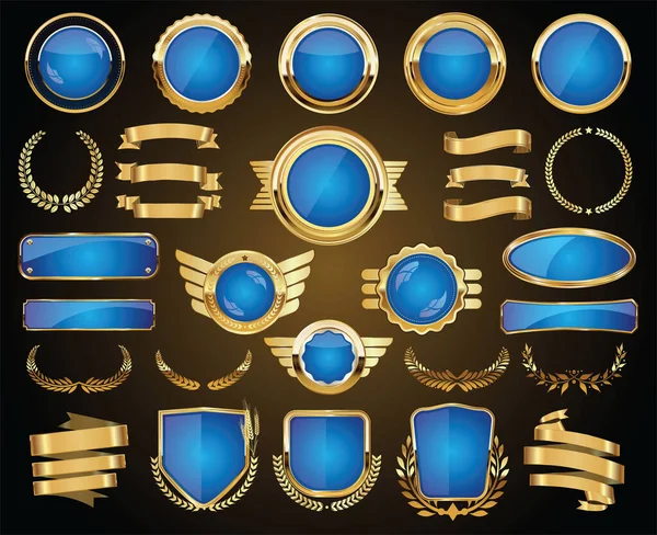 Verzameling Van Gouden Blauwe Badges Etiketten Lauweren Schild Metalen Platen — Stockvector