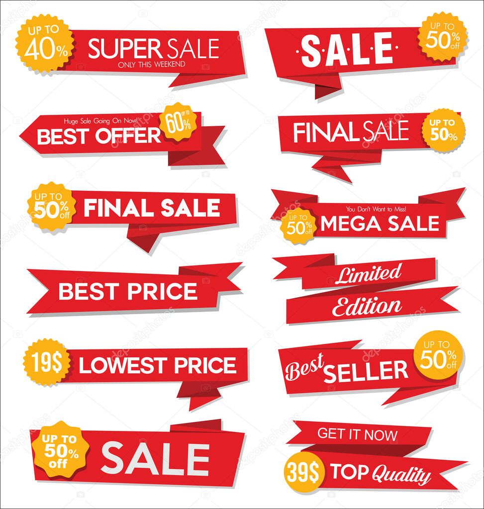 Collection of red sale stickers and tags 