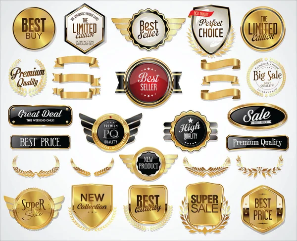 Verzameling Van Gouden Badges Etiketten Lauweren Schild Metalen Platen — Stockvector