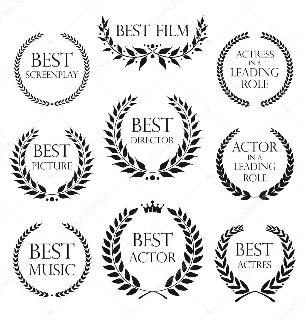 Collection of black label with laurel wreath film award retro template design