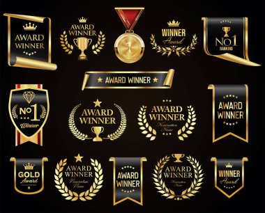 Altın ödüllü logo koleksiyonu ödüllü logo tasarımı siyah arkaplan illüstrasyonunda izole edildi