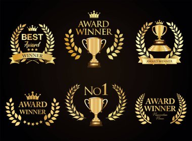 Altın defne ve altın amblemli ödüllü amblem siyah arkaplanda izole edilmiş metin 