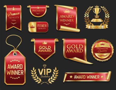 Altın ödüllü amblem ve rozet koleksiyonu altın defne çelengi siyah arka planda izole