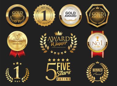 Altın ödüllü amblem ve rozet koleksiyonu altın defne çelengi siyah arka planda izole