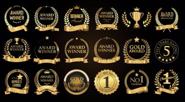 Altın defne ve altın amblemli ödüllü amblem siyah arkaplan resimlerinde izole edilmiş metin 