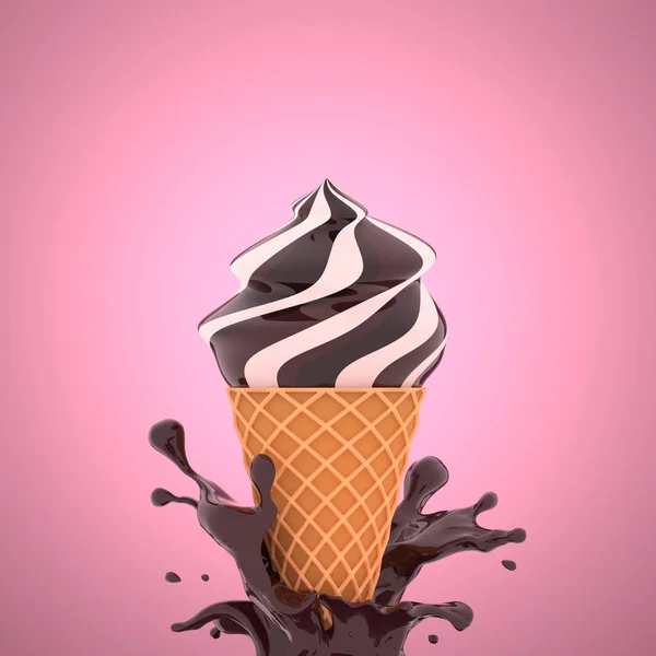 Delicious ice-cream cone with splash of brownish hot chocolate cone isolated on pink background. 3D rendering