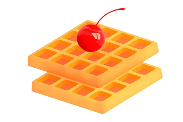 Belçika Altın kiraz beyaz arka plan üzerinde ile waffle. Tatlı ve lezzetli yiyecek. 3D render