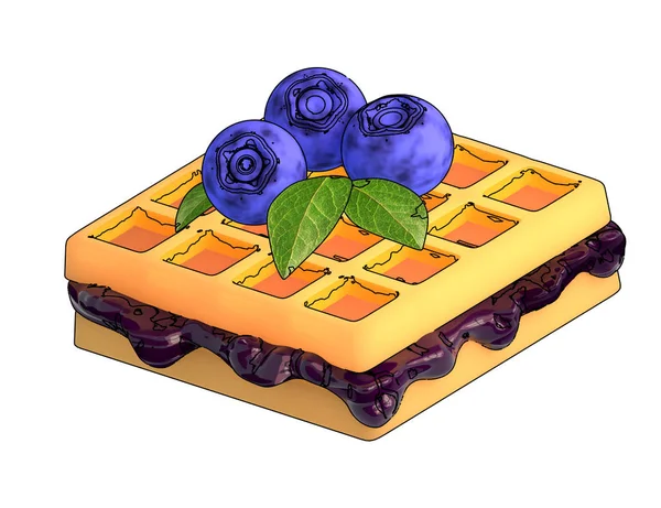 Beyaz arka plan üzerinde izole bir dolgu ile Belçika waffle üzerinde yeşil yaprakları ile yaban mersini. Stilize tarzı. 3D render.