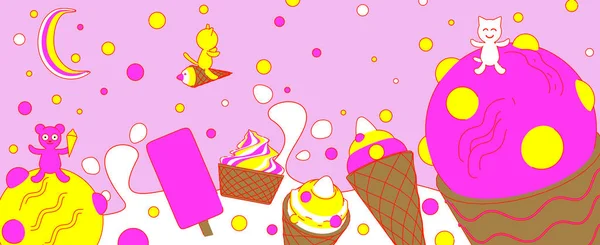 Bir ayı ile ice cream ve kediler düşme ile çeşitli şekerler karikatür tarzı pembe bir arka plan üzerinde renkli. 3D render