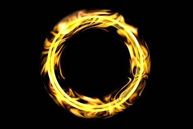 Ve yangın alev altın ringde bir siyah arka plan üzerine izole. Sirk için Yangın ring. 3D render