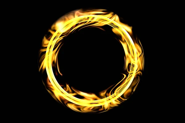 The gold ring in the flame of fire is isolated on a black background. Ring in the fire for the circus. 3D rendering