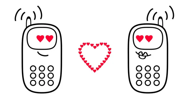卡通手机上的通讯 他们之间有一种爱的感觉和一颗红色的心 — 图库照片