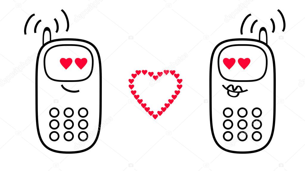 Cartoon mobile phones on communication. A feeling of love and a red heart between them. 3D rendering