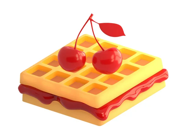 Kırmızı Kiraz ve Belçika Waffle lezzetli, şurup, reçel ile izole beyaz zemin üzerinde. 3D render