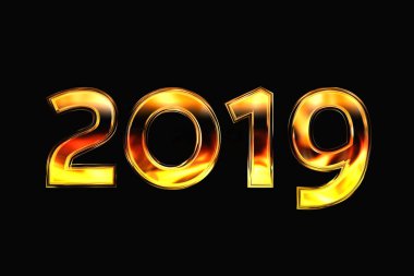 Yeni yıl 2019. Parlak bir yansıması ateş siyah bir zemin üzerine rakamlar. 3D render