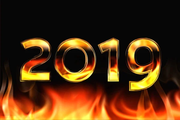 Yeni yıl 2019. Parlak numarası ve yangın bir alev dilleri aşağıdan siyah bir arka plan. 3D render.
