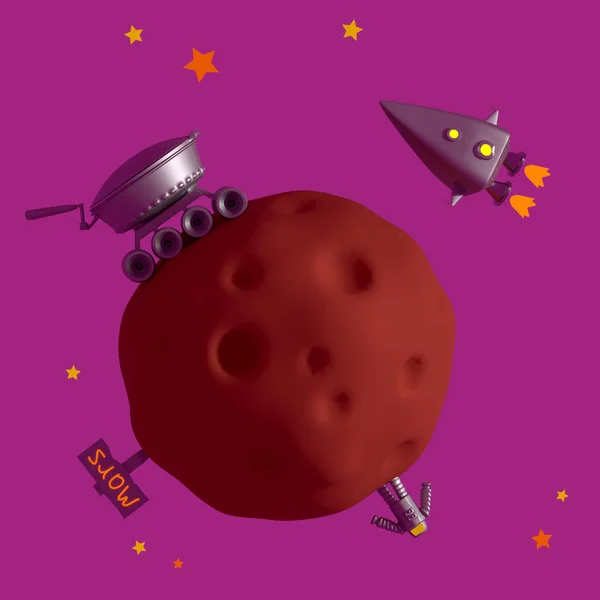  Mars misyonuna, kolonizasyon yakın gelecekte. Kaptanlı uçuş Kızıl gezegen, su için. Bir uzay giysisi, bir uzay keşif programı yardımıyla bir rover, gezegenin bir astronot. 3D render