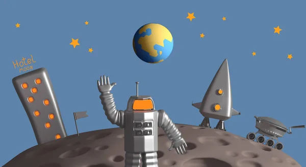 Astronauta Pie Luna Fondo Cohete Rover Luna Bandera Hotel Programa —  Fotos de Stock
