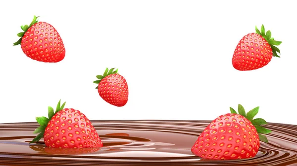 Rote Erdbeeren Mit Grünen Blättern Fallen Schmelzende Schokolade Verpackungsdesign Darstellung Stockbild