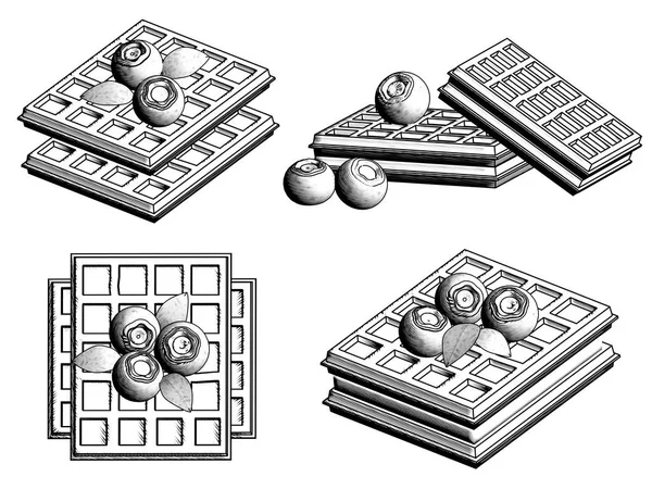 Cuatro Variedades Gofres Belgas Con Arándanos Sobre Fondo Blanco Dibujo — Foto de Stock