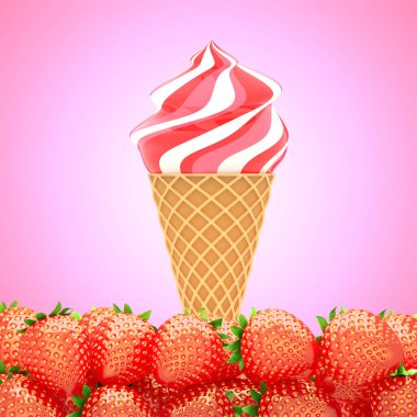 Çilekli dondurma izole pembe arka plan üzerinde. 3D görüntüleme