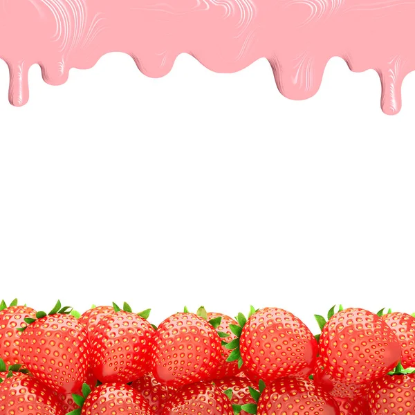 孤立した白地に赤熟したイチゴ トップ溶融ピンク アイス クリーム ヨーグルト クリームまたはクリーム色 3次元可視化 — ストック写真