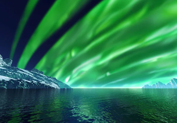 Северное Сияние Зелеными Тонами Над Морем Асбергами Визуализация — стоковое фото