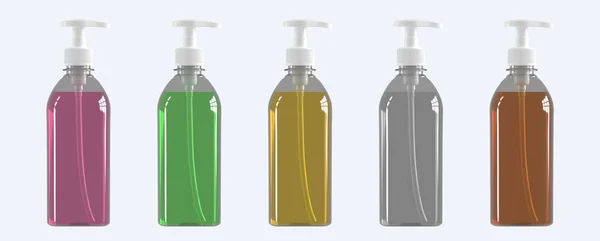 Beyaz bir arka plan üzerinde dağıtıcı ile 5 plastik şişe şablon örnekler. Sıvı sabun, şampuan, banyo köpüğü için reklam şablon. 3D render