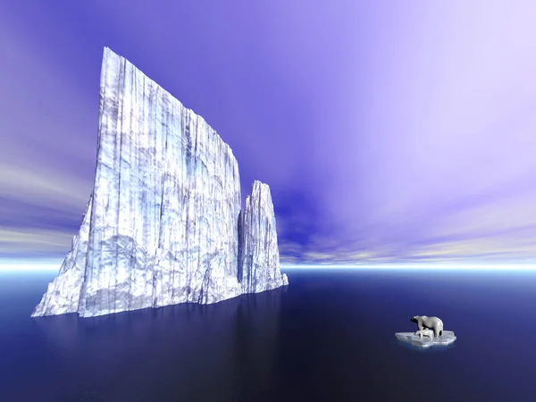 Kutup ayısı ile bir buz parçası üzerinde yavru bir ayı. 3D render