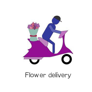 Düz stil tasarım vektör teslim kavramının, motosiklet tarafından adam teslim çiçek.