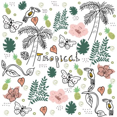 Doodle stil tropikal tema vektör avuç içi, Tukan, ananas ile monstera yaprak, egzotik kelebek. El çizimi.