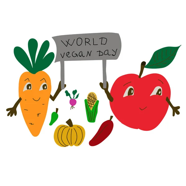 Journée Mondiale Végétalienne Vacances Internationales Novembre Fruits Légumes Tirés Main — Image vectorielle